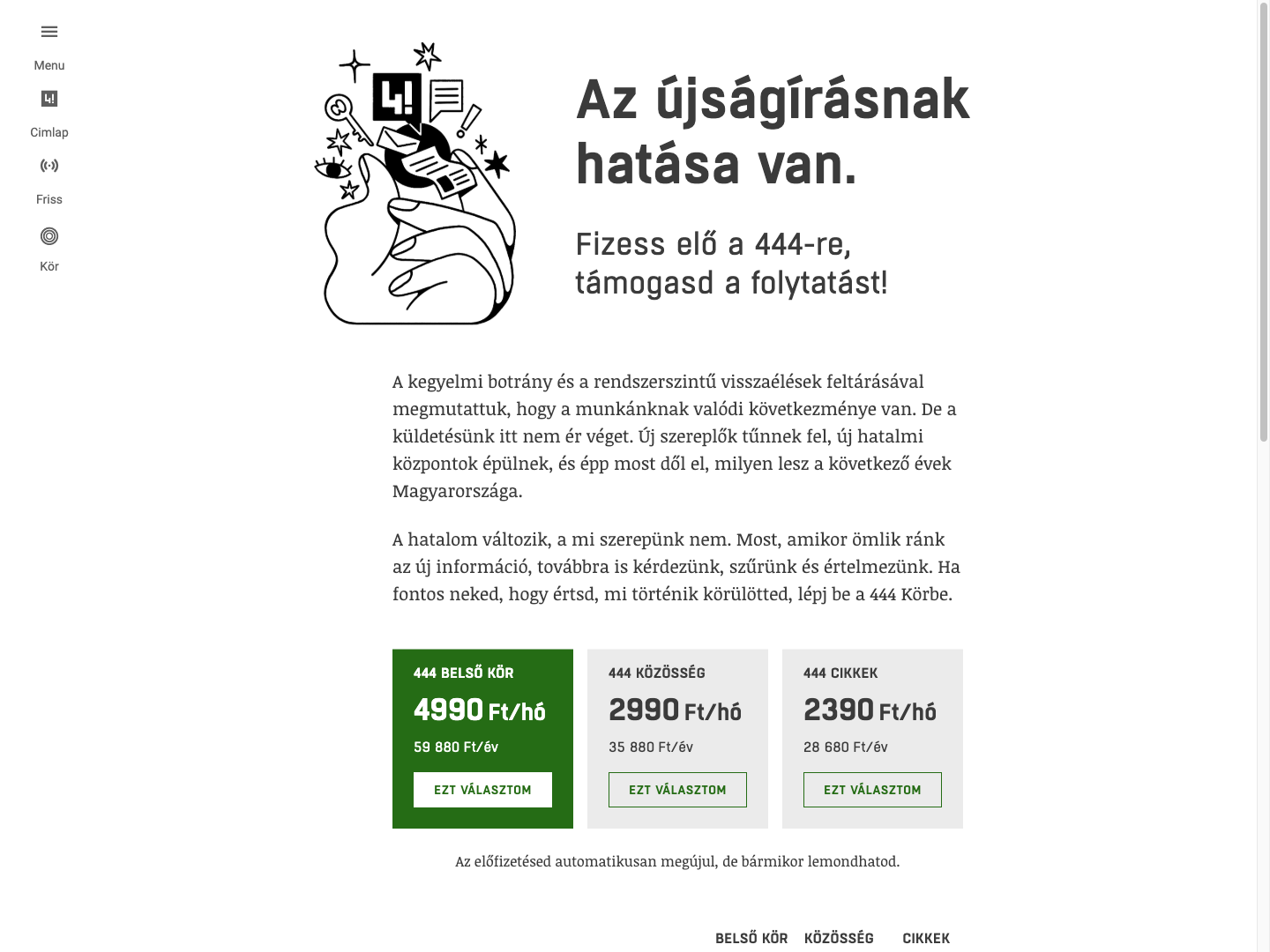 444 Kör előfizetési platform